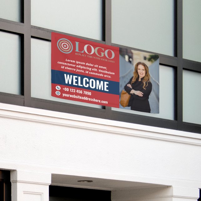 Red Blue Welcome Small Business Photo Logo Promo Banner (Outside Building)