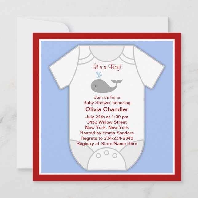 Red Blue Whale Baby Boy Shower Invitation (Front)