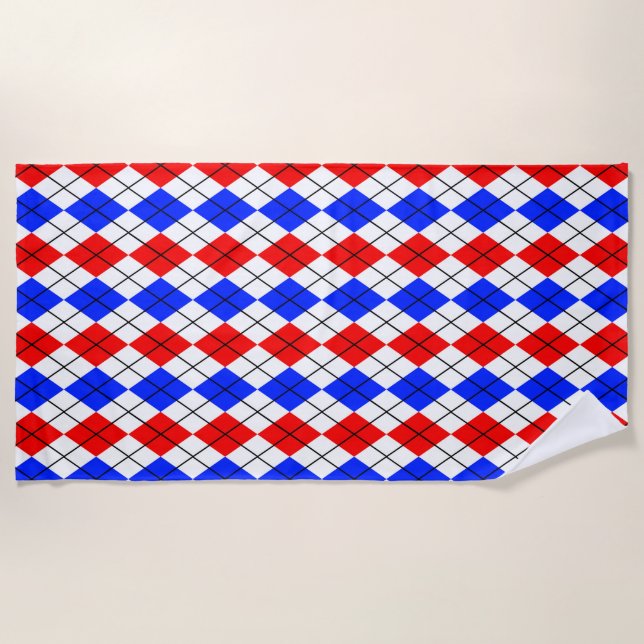 Red Blue White Argyle Diamond Pattern Design  Beach Towel (Front)