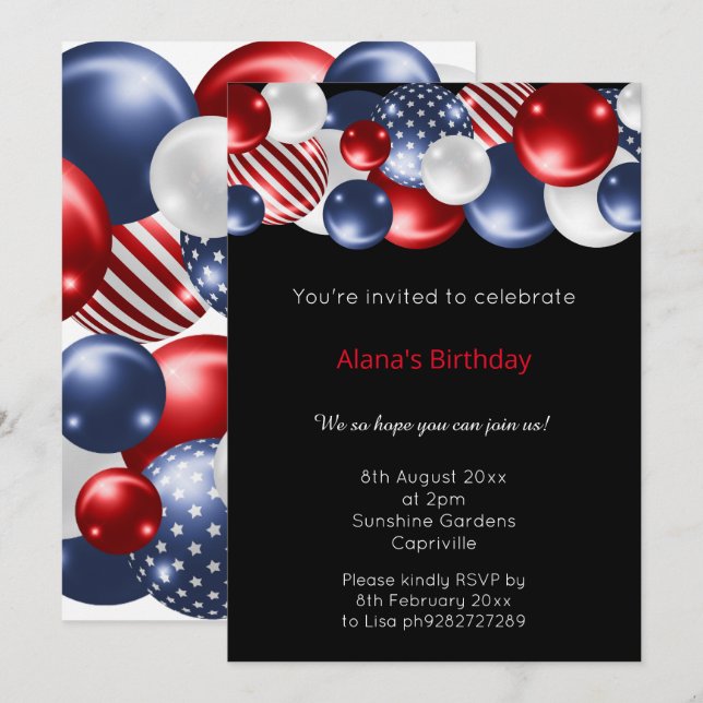 RED BLUE WHITE BLACK PATRIOTIC BALLOON  INVITATION (Front/Back)
