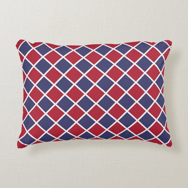 Red Blue White Harlequin Diamond Chequered Pattern Accent Pillow (Front)