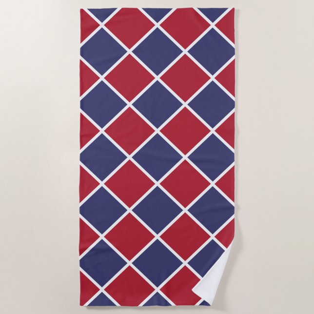 Red Blue White Harlequin Diamond Chequered Pattern Beach Towel (Front)