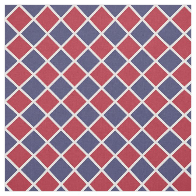 Red Blue White Harlequin Diamond Chequered Pattern Fabric (Swatch)