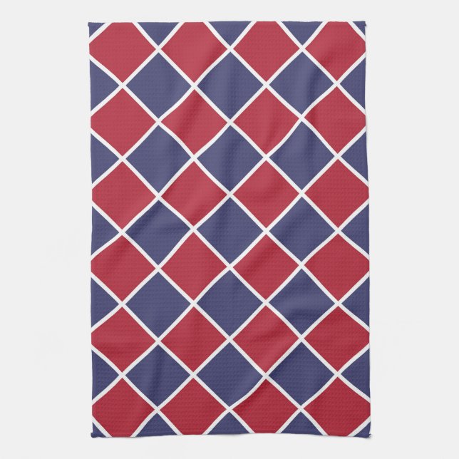 Red Blue White Harlequin Diamond Chequered Pattern Kitchen Towel (Vertical)