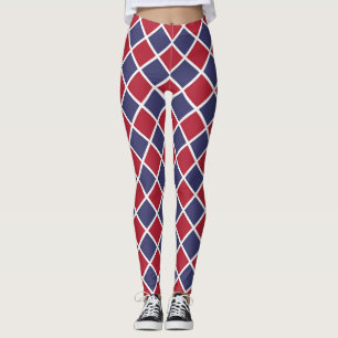 Red Blue White Harlequin Diamond Chequered Pattern Leggings