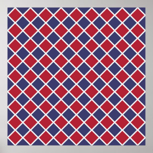 Red Blue White Harlequin Diamond Chequered Pattern Poster