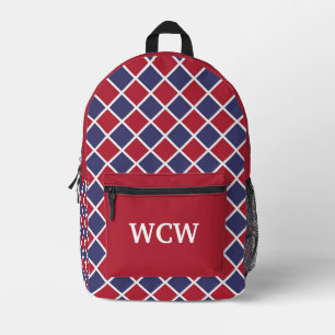 Red Blue White Harlequin Diamond Chequered Pattern Printed Backpack