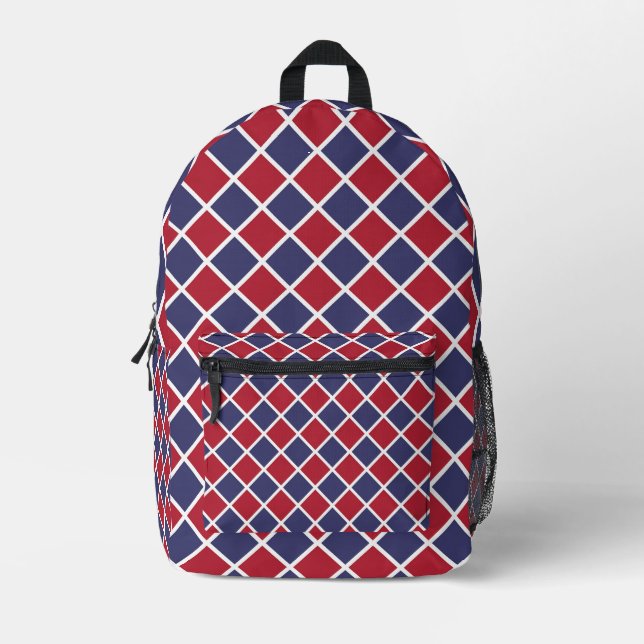 Red Blue White Harlequin Diamond Chequered Pattern Printed Backpack (Front)
