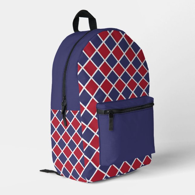 Red Blue White Harlequin Diamond Chequered Pattern Printed Backpack (Back Corner Left)