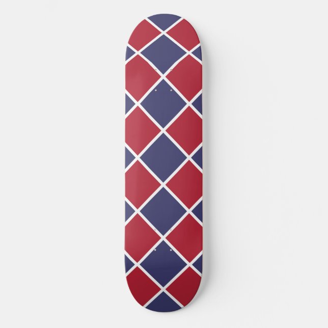 Red Blue White Harlequin Diamond Chequered Pattern Skateboard (Front)