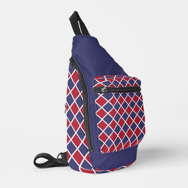 Red Blue White Harlequin Diamond Chequered Pattern Sling Bag (Left Corner)