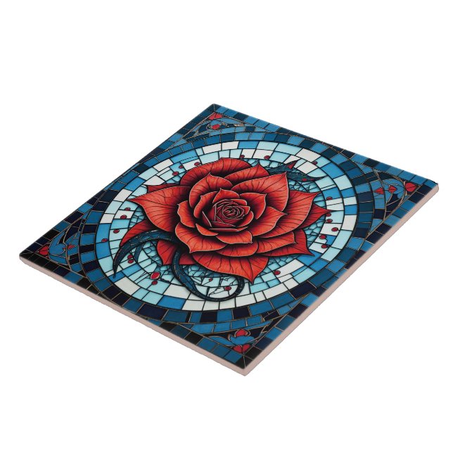 Red Blue White Mosaic Rose Flower Tile (Side)