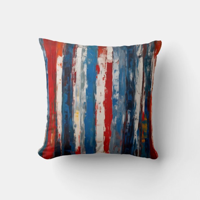 Red Blue White Painted Vertical Abstract Stripes Throw Pillow (Front)