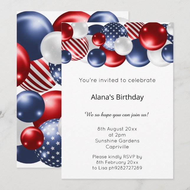 RED BLUE WHITE PATRIOTIC BALLOON 2 BIRTHDAY   INVITATION (Front/Back)