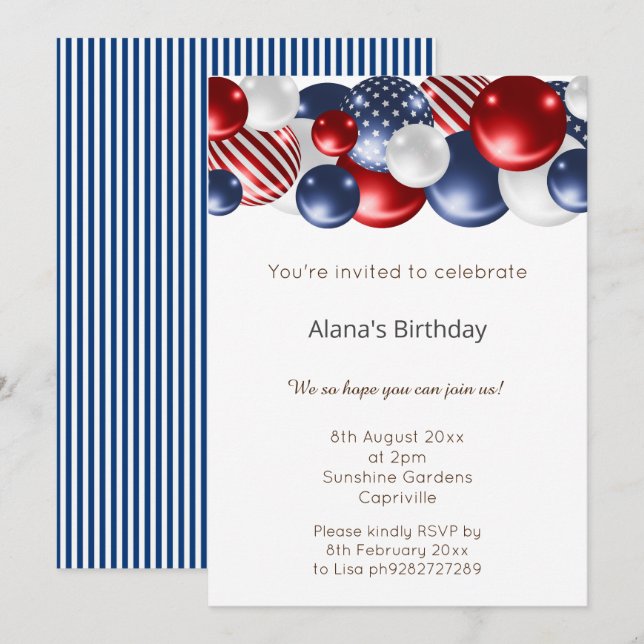 RED BLUE WHITE PATRIOTIC STRIPED BALLOON BIRTHDAY  INVITATION (Front/Back)