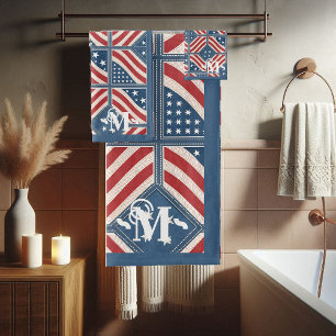 Red Blue White Pattern Stars and Stripes Monogram Bath Towel Set