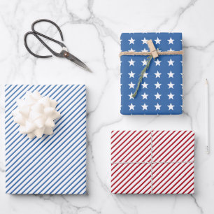 Red Blue White Stripes and Stars Patriotic Wrapping Paper Sheet