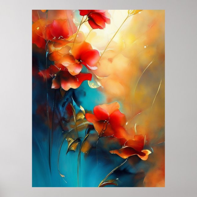 Red Blue White Teal Cream Flowers Beautiful   Poster (Front)