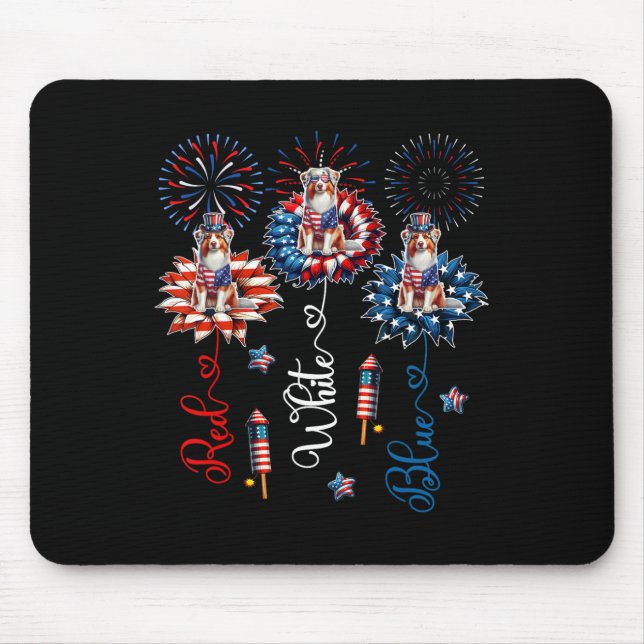 Red Blue White Three Cute Australian Shepherds 4th Mouse Pad (Front)