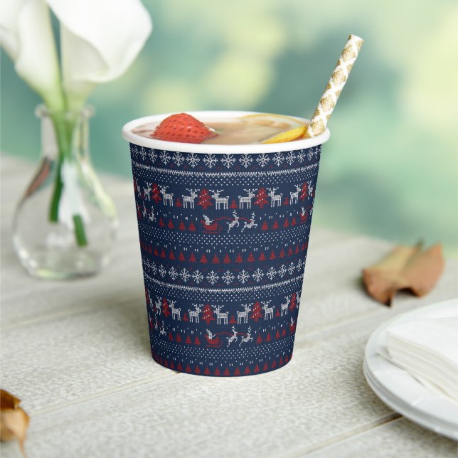 Red Blue White Ugly Christmas Sweater Paper Cups (Insitu)
