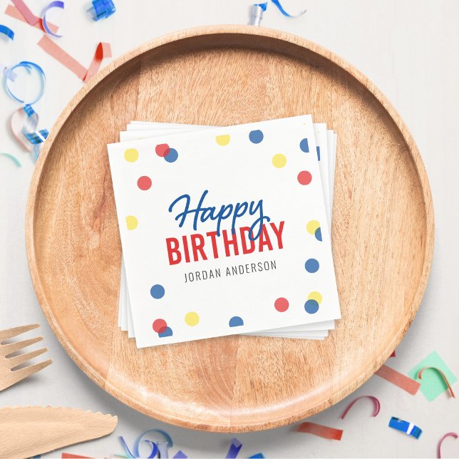Red Blue Yellow Confetti Happy Birthday Napkin (Creator Uploaded)