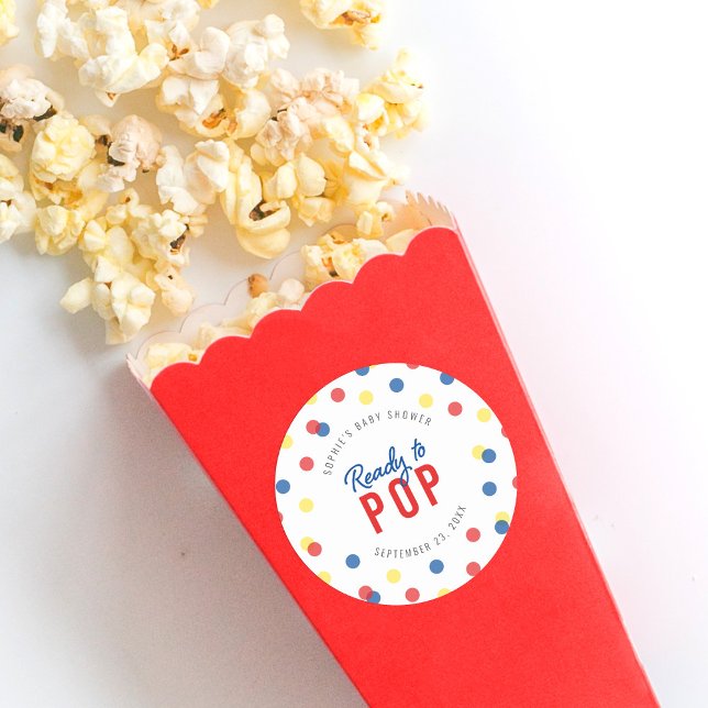 Red Blue Yellow Confetti Ready to Pop Baby Shower Classic Round Sticker (Creator Uploaded)
