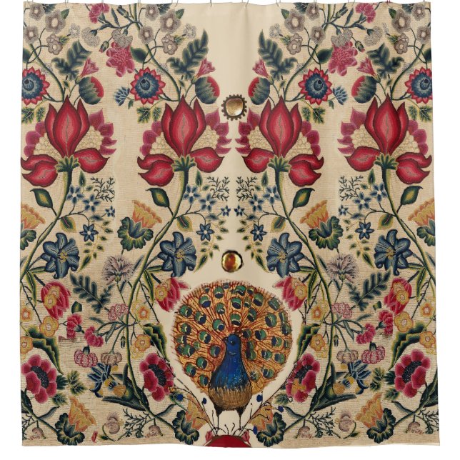 RED BLUE YELLOW FLOWERS AND PEACOCK Antique Floral (Front)