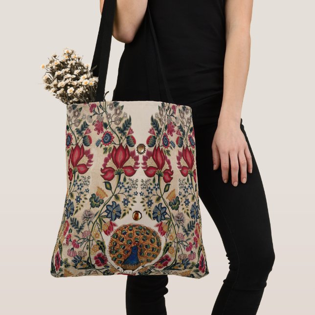 RED BLUE YELLOW FLOWERS AND PEACOCK Antique Floral Tote Bag (Close Up)