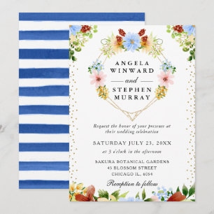 Red, Blue Yellow Flowers Heart Wreath Wedding Invitation