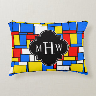 Red Blue Yellow Mondrian Blk Quatrefoil 3 Monogram Accent Pillow