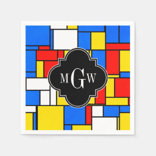 Red Blue Yellow Mondrian Blk Quatrefoil 3 Monogram Napkin