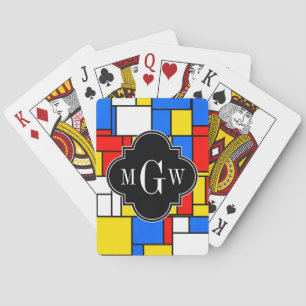Red Blue Yellow Mondrian Blk Quatrefoil 3 Monogram Playing Cards