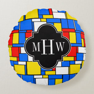 Red Blue Yellow Mondrian Blk Quatrefoil 3 Monogram Round Pillow