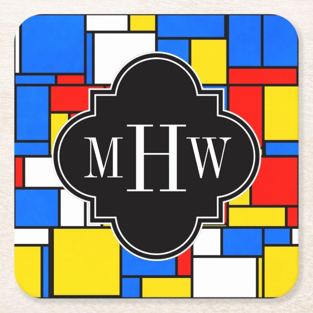 Red Blue Yellow Mondrian Blk Quatrefoil 3 Monogram Square Paper Coaster (Front)
