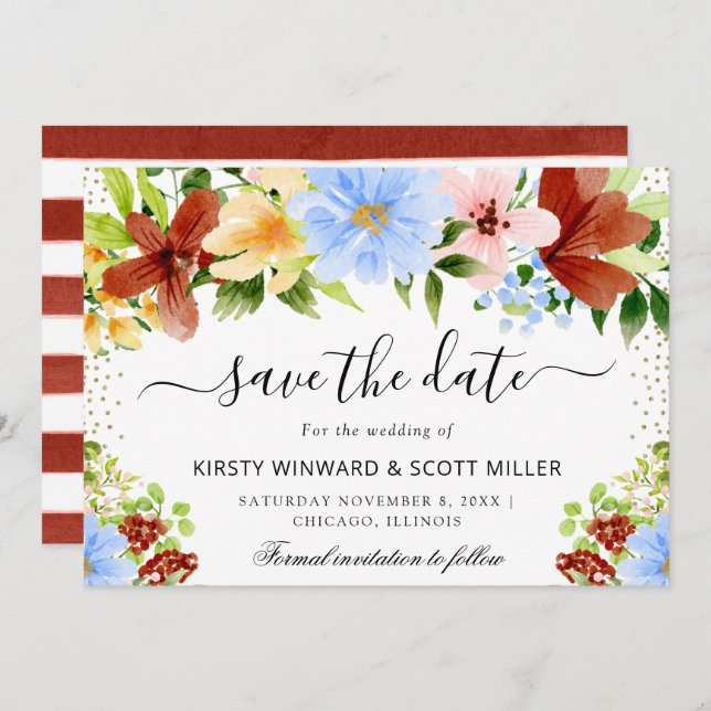 Red Blue Yellow Summer Flowers Wedding Save The Date (Front/Back)