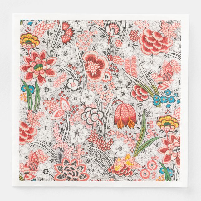 RED BLUE YELLOW WILD FLOWERS TULIPS,LEAVES FLORAL NAPKIN (Front)
