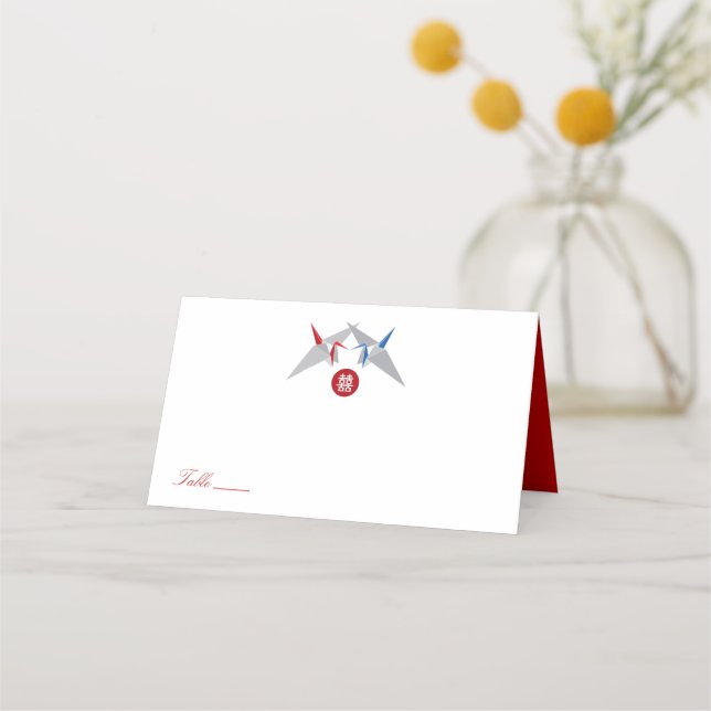 Red & Blue Zen Origami Paper Cranes Asian Wedding  Place Card (Front)