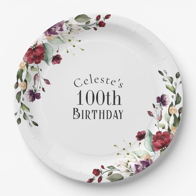 Red Blush and Purple Elegant Floral 100th Birthday Paper Plate (Front)