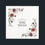 Red Blush and Purple Elegant Floral 60th Birthday Napkin<br><div class="desc">Part of a coordinating set of birthday party products celebrating an 60th birthday, honour someone special with this lovely watercolor floral birthday party napkin. Embellished with lovely boho floral corner bouquets in the stylish colour combination of burgundy red, blush pink, plum purple, and peach with sumptuous greenery scattered throughout, it...</div>