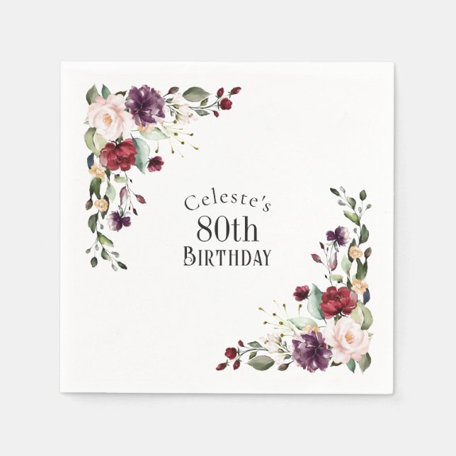 Red Blush and Purple Elegant Floral 80th Birthday Napkin (Front)