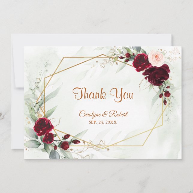 Red Blush Burgundy Gold Geometric Greenery Wedding Thank You Card (Front)