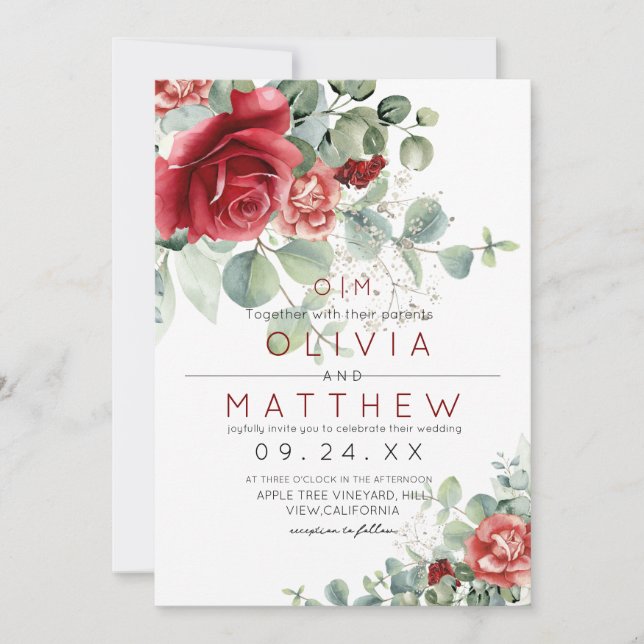 Red Blush Burgundy Greenery  Elegant Wedding Invitation (Front)
