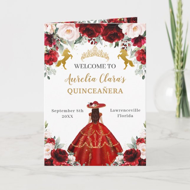 Red Blush Floral Charro Quinceañera Order Events Program (Front)