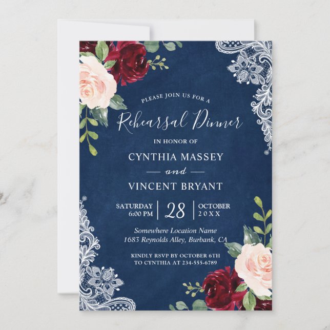 Red Blush Floral Lace Navy Blue Rehearsal Dinner Invitation (Front)