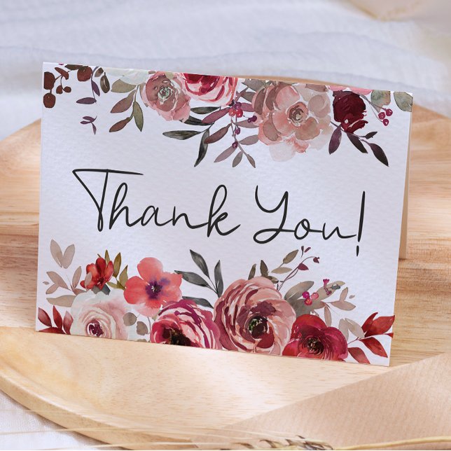 Red Blush Floral Roses Elegant Wedding Thank You Card (Creator Uploaded)