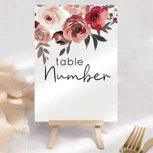 Red Blush Floral Roses Wedding Table Number