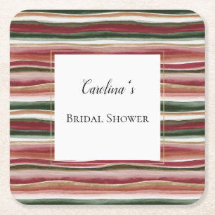 Red Blush Green Pink Stripes Bridal Shower   Square Paper Coaster