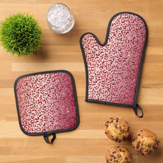 Red Blush Pink Glitter Sparkle Leopard Print       Oven Mitt & Pot Holder Set (Top Down)