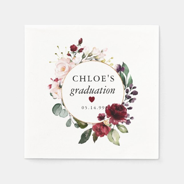 Red Blush Pink Rose Floral Graduation Napkin (Front)