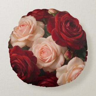 Red & Blush Pink Roses — Romantic Vintage Floral B Round Pillow